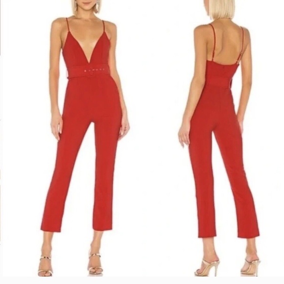 NBD Pants - NBD NWT Cherry Red Reagan Belted Deep V-Neck Sleeveless Jumpsuit Size S